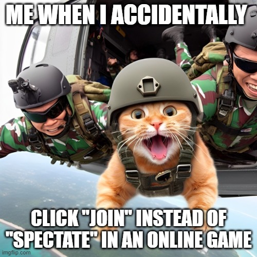 online game | ME WHEN I ACCIDENTALLY; CLICK "JOIN" INSTEAD OF "SPECTATE" IN AN ONLINE GAME | image tagged in gaming | made w/ Imgflip meme maker