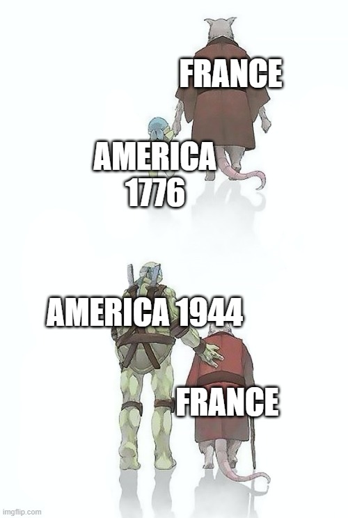 Splinter And Ninja Turtle Grew Up | FRANCE; AMERICA 1776; AMERICA 1944; FRANCE | image tagged in splinter and ninja turtle grew up | made w/ Imgflip meme maker