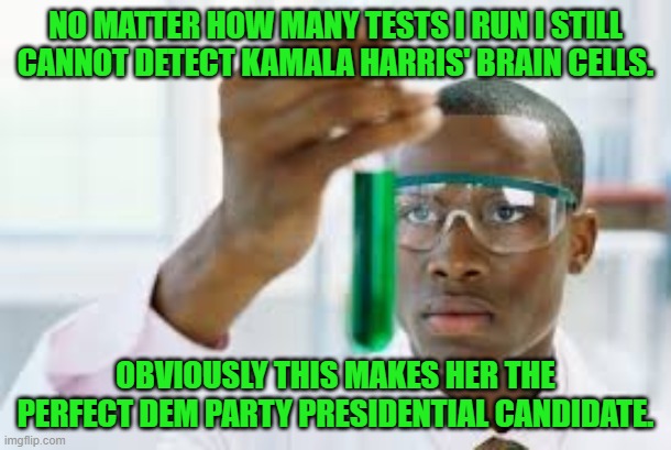 Just being a trifle snarky this morning. | NO MATTER HOW MANY TESTS I RUN I STILL CANNOT DETECT KAMALA HARRIS' BRAIN CELLS. OBVIOUSLY THIS MAKES HER THE PERFECT DEM PARTY PRESIDENTIAL CANDIDATE. | image tagged in finally | made w/ Imgflip meme maker