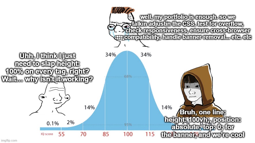 Normal Distribution meme | well, my portfolio is enough. so we talkin adjustin the CSS, test for overflow, check responsiveness, ensure cross-browser compatibility, handle banner removal... etc. etc; Uhh, I think I just need to slap height: 100% on every tag, right? Wait… why isn't it working? Bruh, one line: height: 100vh;, position: absolute; top: 0; for the banner, and we’re cool | image tagged in normal distribution meme | made w/ Imgflip meme maker