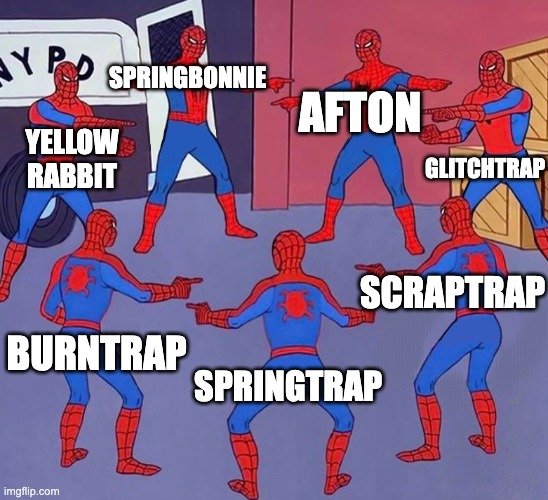 So many -Traps... | SPRINGBONNIE; AFTON; YELLOW
RABBIT; GLITCHTRAP; SCRAPTRAP; BURNTRAP; SPRINGTRAP | image tagged in spidermans pointing 6 spidermans | made w/ Imgflip meme maker