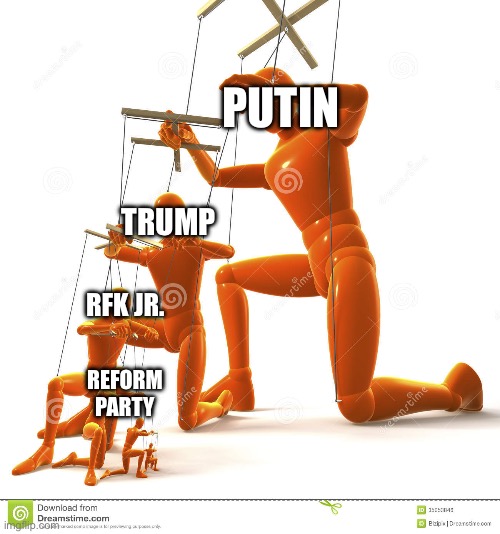 Puppet hierarchy | PUTIN; TRUMP; RFK JR. REFORM PARTY | image tagged in puppet hierarchy,donald trump,vladimir putin,politics,conspiracy,dank memes | made w/ Imgflip meme maker