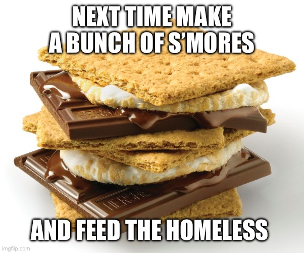 smores | NEXT TIME MAKE A BUNCH OF S’MORES AND FEED THE HOMELESS | image tagged in smores | made w/ Imgflip meme maker