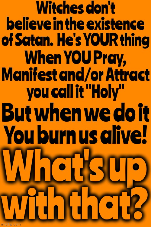 Seriously.  Wassup With That? | Witches don't believe in the existence of Satan.  He's YOUR thing; When YOU Pray, Manifest and/or Attract you call it "Holy"; But when we do it
You burn us alive! What's up with that? | image tagged in witch,witches,white witch,hypocrites,memes,the good witch | made w/ Imgflip meme maker