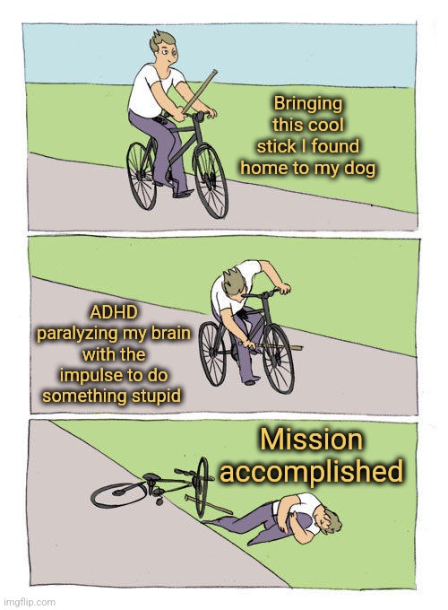 ADHD Takes the Wheel | Bringing this cool stick I found home to my dog; ADHD paralyzing my brain with the impulse to do something stupid; Mission accomplished | image tagged in memes,bike fall,adhd,bad ideas | made w/ Imgflip meme maker