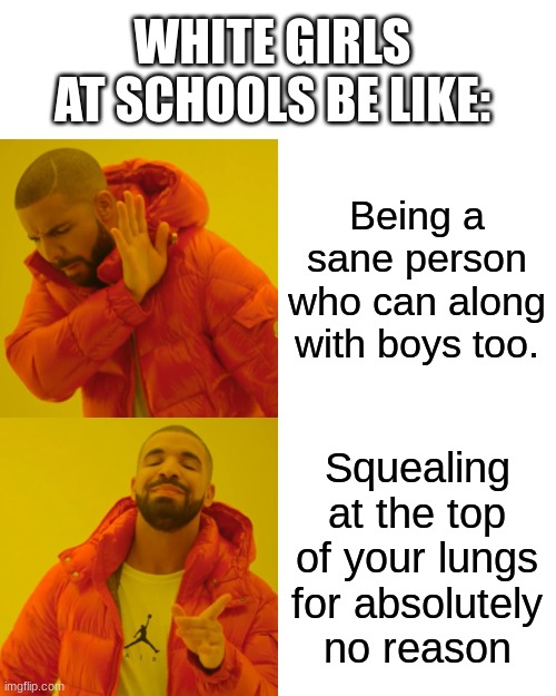 Who else had classmates in school like this? | WHITE GIRLS AT SCHOOLS BE LIKE:; Being a sane person who can along with boys too. Squealing at the top of your lungs for absolutely no reason | image tagged in memes,drake hotline bling,fun,meme,funny,school | made w/ Imgflip meme maker