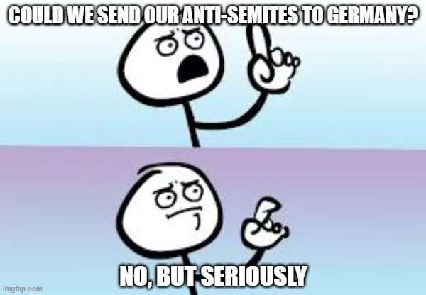 Holding up finger | COULD WE SEND OUR ANTI-SEMITES TO GERMANY? NO, BUT SERIOUSLY | image tagged in holding up finger | made w/ Imgflip meme maker