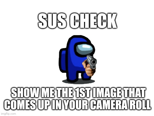 Sus checkpoint | SUS CHECK; SHOW ME THE 1ST IMAGE THAT COMES UP IN YOUR CAMERA ROLL | image tagged in sus,meme,check,show me | made w/ Imgflip meme maker