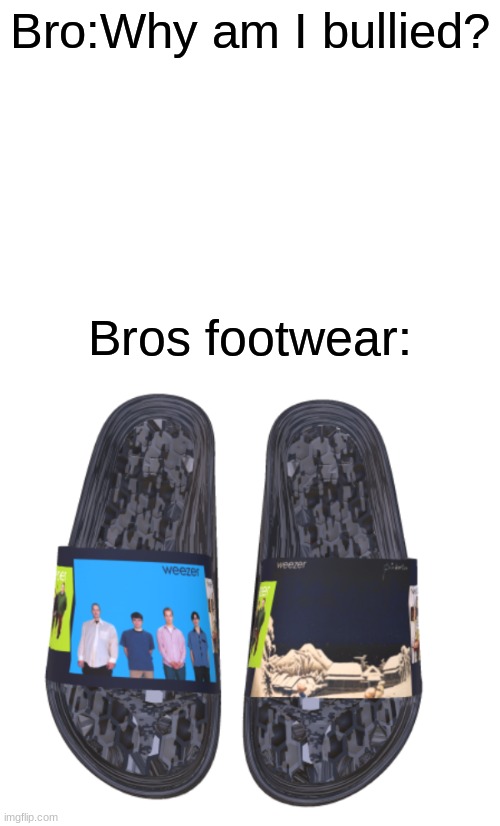 this is a joke I'm a Weezer fan | Bro:Why am I bullied? Bros footwear: | image tagged in weezer,funny,blue,green | made w/ Imgflip meme maker