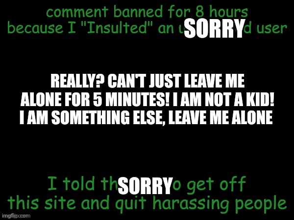 I Am Ticked Off | SORRY; REALLY? CAN'T JUST LEAVE ME ALONE FOR 5 MINUTES! I AM NOT A KID! I AM SOMETHING ELSE, LEAVE ME ALONE; SORRY | image tagged in angry,pissed off | made w/ Imgflip meme maker