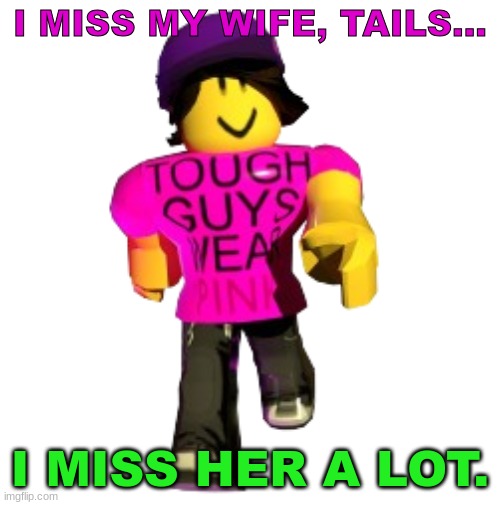 IVE COME TO MAKE AN ANNOUNCEMENT | I MISS MY WIFE, TAILS... I MISS HER A LOT. | image tagged in tough guys wear pink | made w/ Imgflip meme maker