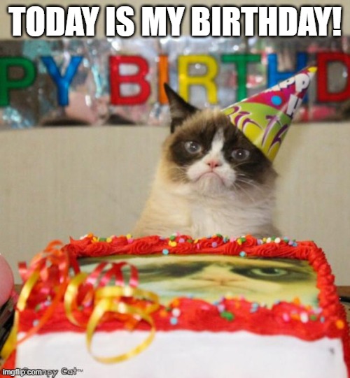 Grumpy Cat Birthday Meme | TODAY IS MY BIRTHDAY! | image tagged in memes,grumpy cat birthday,grumpy cat | made w/ Imgflip meme maker