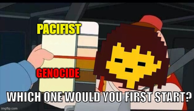 Which one would be true about you? | PACIFIST; GENOCIDE; WHICH ONE WOULD YOU FIRST START? | image tagged in peter griffin skin color chart race terrorist blank,undertale | made w/ Imgflip meme maker