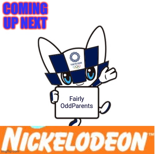 Next: Fairly OddParents | COMING UP NEXT; Fairly OddParents | image tagged in miraitowa with a sign,fairly odd parents,asthma | made w/ Imgflip meme maker