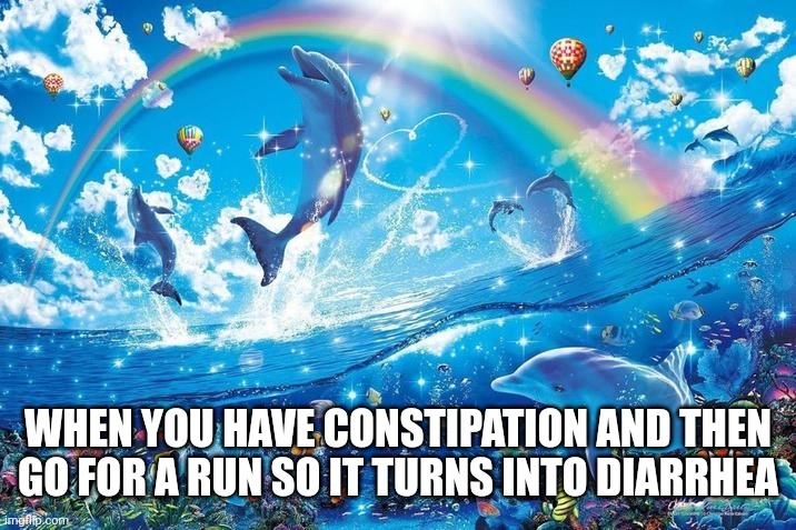 Happy dolphin rainbow | WHEN YOU HAVE CONSTIPATION AND THEN GO FOR A RUN SO IT TURNS INTO DIARRHEA | image tagged in happy dolphin rainbow | made w/ Imgflip meme maker