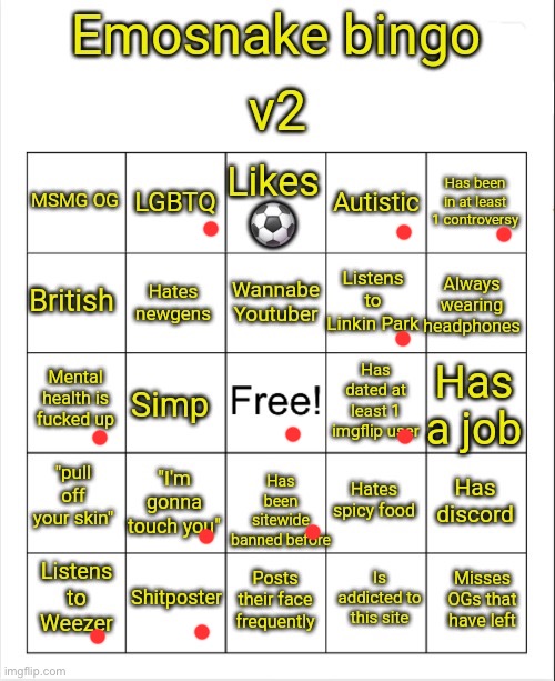 Emosnake bingo v2 | image tagged in emosnake bingo v2 | made w/ Imgflip meme maker