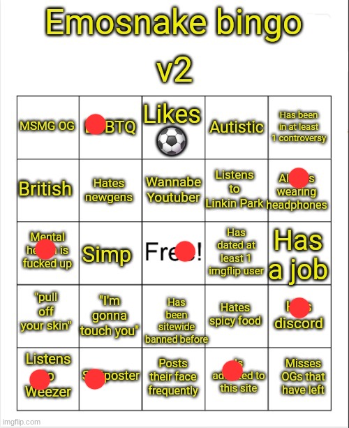 Emosnake bingo v2 | image tagged in emosnake bingo v2 | made w/ Imgflip meme maker