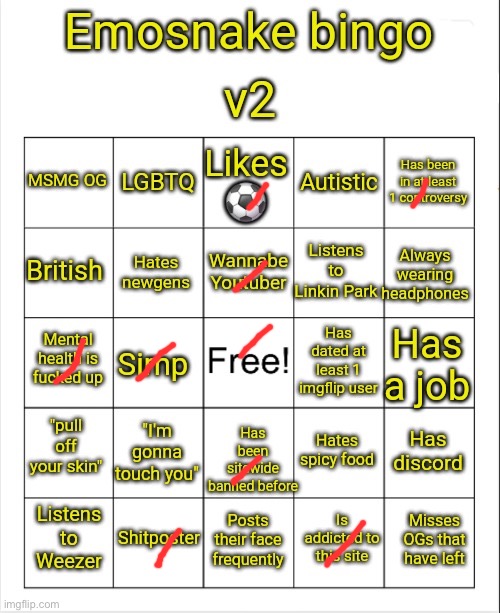 Emosnake bingo v2 | image tagged in emosnake bingo v2 | made w/ Imgflip meme maker