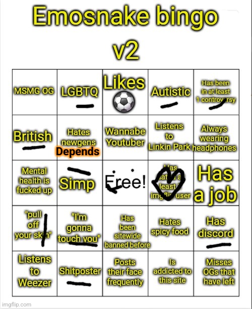 Bingo | Depends | image tagged in emosnake bingo v2,memes,funny,bingo | made w/ Imgflip meme maker