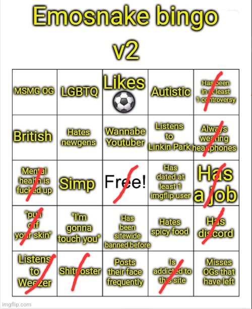 Emosnake bingo v2 | image tagged in emosnake bingo v2 | made w/ Imgflip meme maker