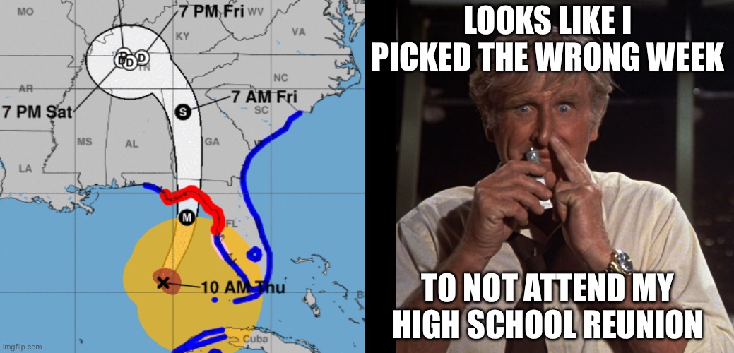 Stormy Reunion | LOOKS LIKE I PICKED THE WRONG WEEK; TO NOT ATTEND MY HIGH SCHOOL REUNION | image tagged in looks like i picked the wrong week to stop sniffing glue,hurricane,storm,hurricanes,reunion | made w/ Imgflip meme maker