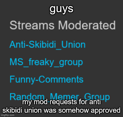 should i mod abuse now or try to get owner and arkuum the stream | guys; my mod requests for anti skibidi union was somehow approved | made w/ Imgflip meme maker