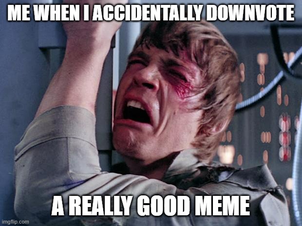 NOO!! IT WAS AN ACCIDENT I SWEAR!!! | ME WHEN I ACCIDENTALLY DOWNVOTE; A REALLY GOOD MEME | image tagged in luke nooooo | made w/ Imgflip meme maker