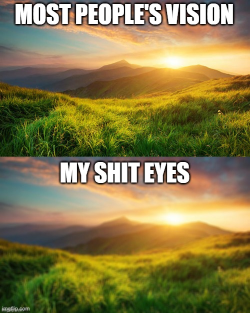 my eyesight is horrid | MOST PEOPLE'S VISION; MY SHIT EYES | image tagged in mountain landscape | made w/ Imgflip meme maker