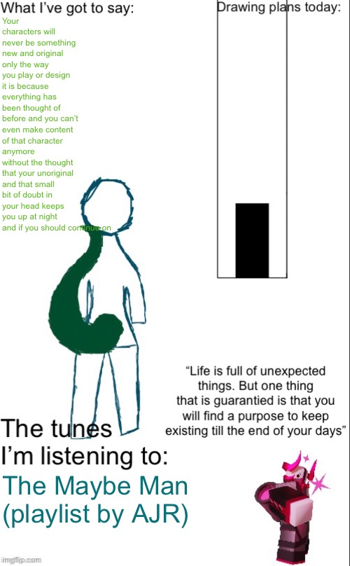 Not to be hurtful toward anyone but it’s true | Your characters will never be something new and original only the way you play or design it is because everything has been thought of before and you can’t even make content of that character anymore without the thought that your unoriginal and that small bit of doubt in your head keeps you up at night and if you should continue on; The Maybe Man (playlist by AJR) | image tagged in subspacekobold temp | made w/ Imgflip meme maker