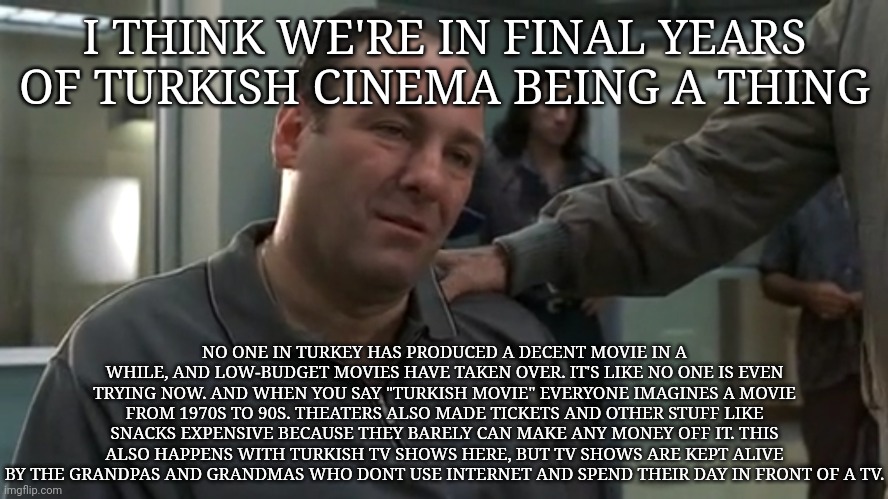 I yapped a lil too much, if you "aint reading allat" keep scrolling. | I THINK WE'RE IN FINAL YEARS OF TURKISH CINEMA BEING A THING; NO ONE IN TURKEY HAS PRODUCED A DECENT MOVIE IN A WHILE, AND LOW-BUDGET MOVIES HAVE TAKEN OVER. IT'S LIKE NO ONE IS EVEN TRYING NOW. AND WHEN YOU SAY "TURKISH MOVIE" EVERYONE IMAGINES A MOVIE FROM 1970S TO 90S. THEATERS ALSO MADE TICKETS AND OTHER STUFF LIKE SNACKS EXPENSIVE BECAUSE THEY BARELY CAN MAKE ANY MONEY OFF IT. THIS ALSO HAPPENS WITH TURKISH TV SHOWS HERE, BUT TV SHOWS ARE KEPT ALIVE BY THE GRANDPAS AND GRANDMAS WHO DONT USE INTERNET AND SPEND THEIR DAY IN FRONT OF A TV. | image tagged in tony soprano sad | made w/ Imgflip meme maker