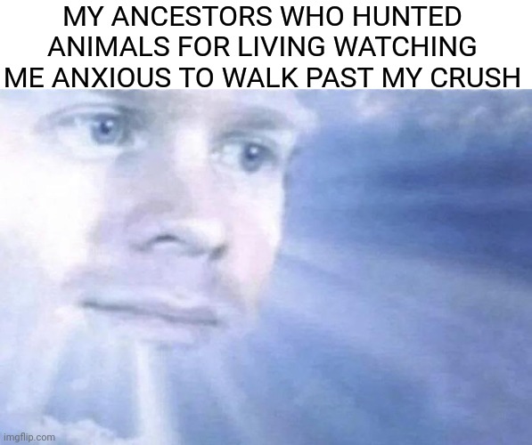 White Guy staring from the sky | MY ANCESTORS WHO HUNTED ANIMALS FOR LIVING WATCHING ME ANXIOUS TO WALK PAST MY CRUSH | image tagged in white guy staring from the sky | made w/ Imgflip meme maker