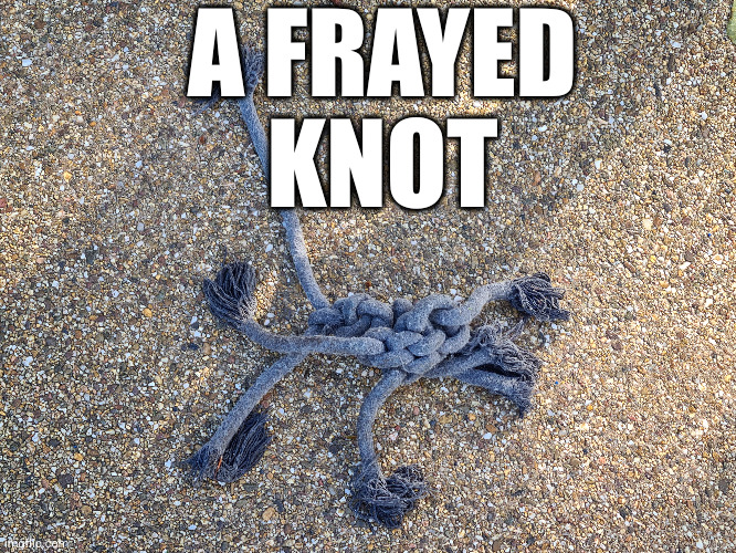 A frayed knot | A FRAYED
KNOT | image tagged in afraid not,bad pun | made w/ Imgflip meme maker