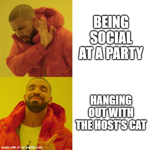 cat | BEING SOCIAL AT A PARTY; HANGING OUT WITH THE HOST'S CAT | image tagged in drake blank,cat | made w/ Imgflip meme maker