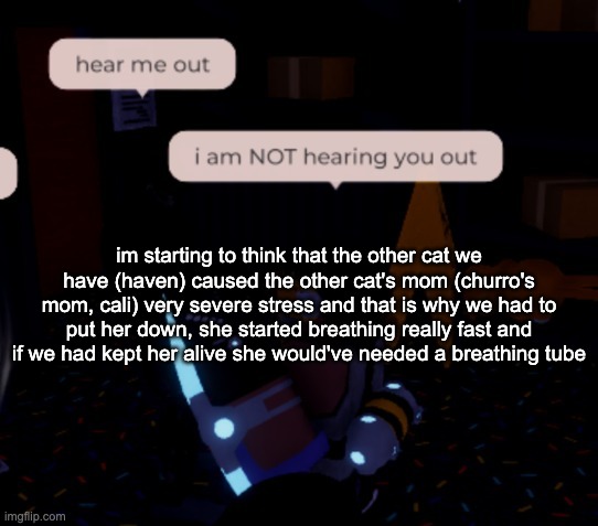 no matter how much you love a pet, when you can tell they're in distress from something you cant control, its time to let go | im starting to think that the other cat we have (haven) caused the other cat's mom (churro's mom, cali) very severe stress and that is why we had to put her down, she started breathing really fast and if we had kept her alive she would've needed a breathing tube | image tagged in i am not hearing you out | made w/ Imgflip meme maker