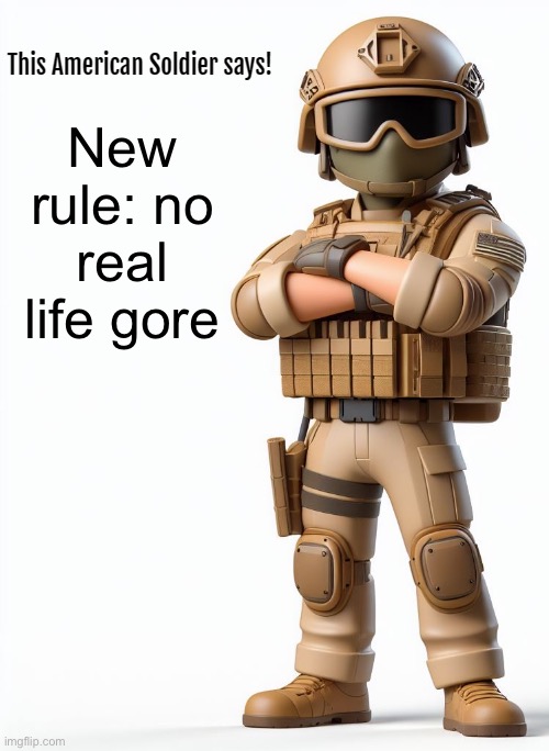 Real gore will not be featured | New rule: no real life gore | image tagged in this american soldier says | made w/ Imgflip meme maker