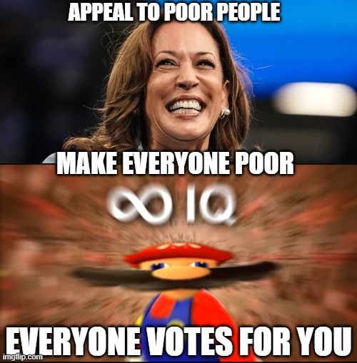 Big Brain Play | APPEAL TO POOR PEOPLE; MAKE EVERYONE POOR; EVERYONE VOTES FOR YOU | image tagged in infinity iq mario,kamala harris,big brain,make america great again,economy,economics | made w/ Imgflip meme maker