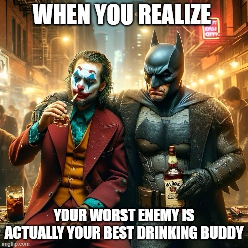 worst enemy | WHEN YOU REALIZE; YOUR WORST ENEMY IS ACTUALLY YOUR BEST DRINKING BUDDY | image tagged in memes | made w/ Imgflip meme maker