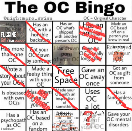 The OC bingo | depends on what counts as an animal; im cooking lore shut up; did for funne | image tagged in the oc bingo | made w/ Imgflip meme maker