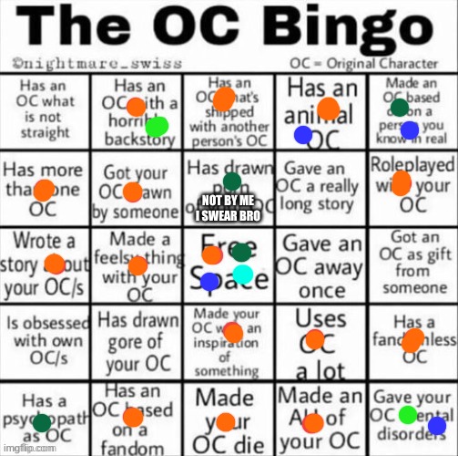 orange is CC, green is Fri, blue is Cal, and the dark turquoises is Leaf (lead is still an OC so they count) | NOT BY ME I SWEAR BRO | image tagged in the oc bingo | made w/ Imgflip meme maker