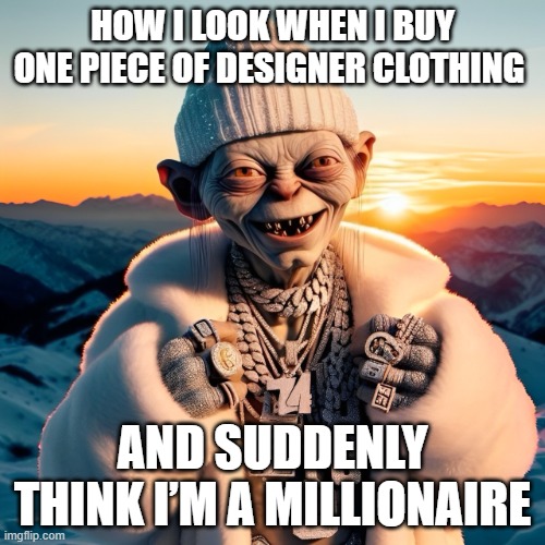 designer clothing | HOW I LOOK WHEN I BUY ONE PIECE OF DESIGNER CLOTHING; AND SUDDENLY THINK I’M A MILLIONAIRE | image tagged in memes | made w/ Imgflip meme maker