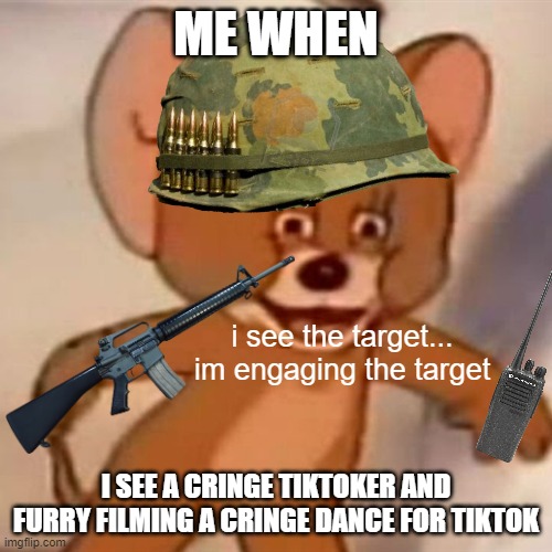 Polish Jerry | ME WHEN; i see the target... im engaging the target; I SEE A CRINGE TIKTOKER AND FURRY FILMING A CRINGE DANCE FOR TIKTOK | image tagged in polish jerry | made w/ Imgflip meme maker