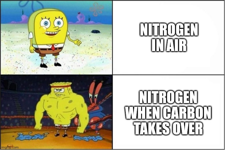 Cyanide: Bonjour | NITROGEN IN AIR; NITROGEN WHEN CARBON TAKES OVER | image tagged in weak vs strong spongebob | made w/ Imgflip meme maker