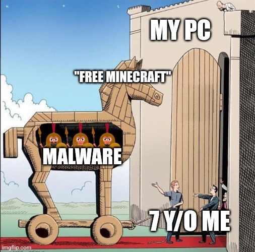 Trojan Horse | MY PC; "FREE MINECRAFT"; MALWARE; 7 Y/O ME | image tagged in trojan horse | made w/ Imgflip meme maker