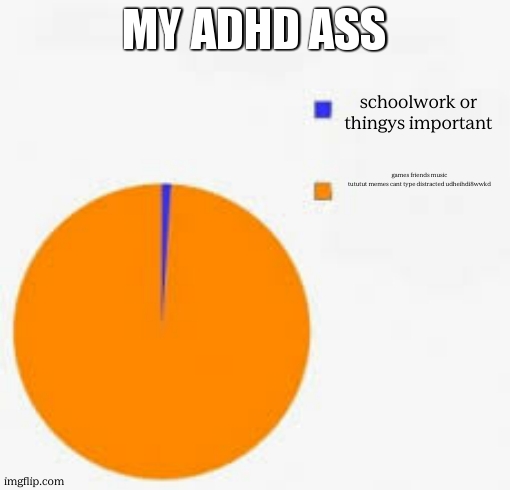 Pie Chart Meme | MY ADHD ASS schoolwork or thingys important games friends music tututut memes cant type distracted udheihdi8wwkd | image tagged in pie chart meme | made w/ Imgflip meme maker