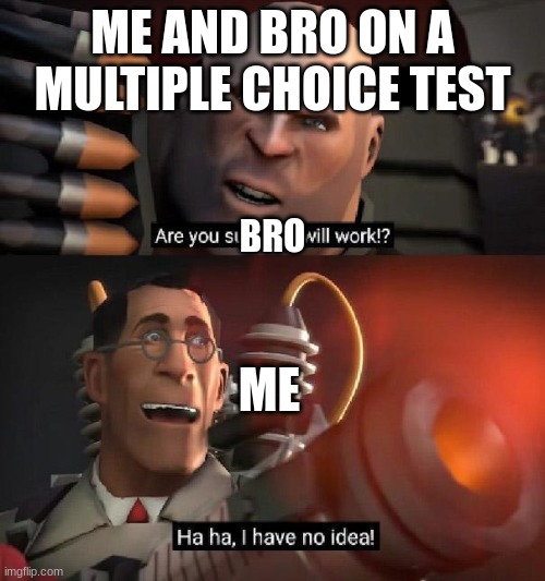 Are you sure this will work!? Ha ha,I have no idea | ME AND BRO ON A MULTIPLE CHOICE TEST; BRO; ME | image tagged in are you sure this will work ha ha i have no idea | made w/ Imgflip meme maker