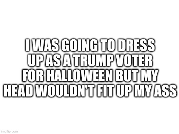 I'm not a fan of Harris either but Harris voters aren't really like Trump voters | I WAS GOING TO DRESS UP AS A TRUMP VOTER FOR HALLOWEEN BUT MY HEAD WOULDN'T FIT UP MY ASS | image tagged in trump,trump sucks | made w/ Imgflip meme maker