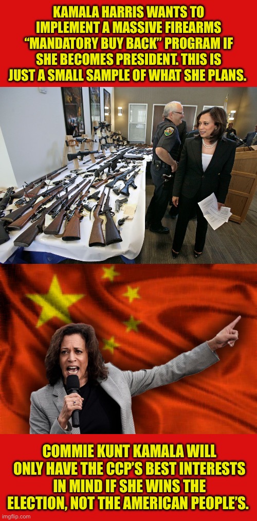 KAMALA HARRIS WANTS TO IMPLEMENT A MASSIVE FIREARMS “MANDATORY BUY BACK” PROGRAM IF SHE BECOMES PRESIDENT. THIS IS JUST A SMALL SAMPLE OF WHAT SHE PLANS. COMMIE KUNT KAMALA WILL ONLY HAVE THE CCP’S BEST INTERESTS IN MIND IF SHE WINS THE ELECTION, NOT THE AMERICAN PEOPLE’S. | made w/ Imgflip meme maker