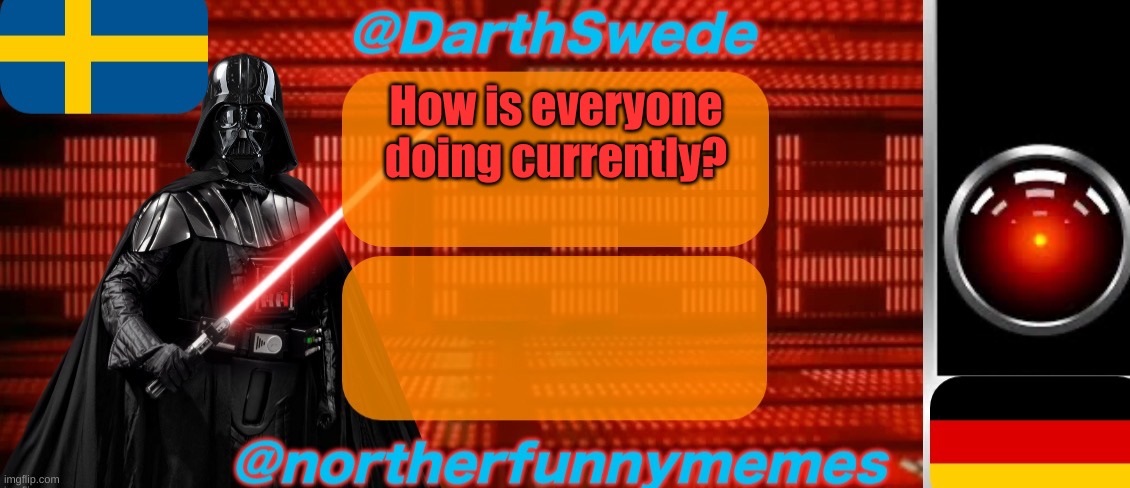 Myself, I'm not sure honestly. | How is everyone doing currently? | image tagged in darthswede x northerfunnymemes shared temp | made w/ Imgflip meme maker