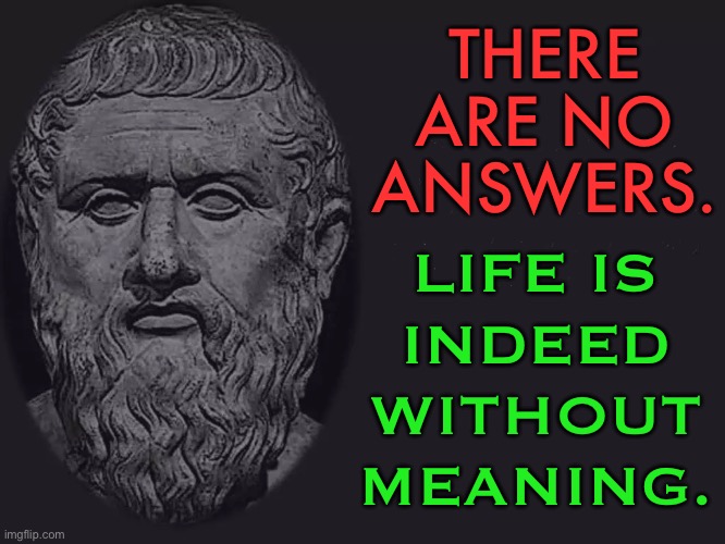 There Are No Answers. Life Is Indeed Without Meaning. | THERE
ARE NO ANSWERS. LIFE IS
INDEED
WITHOUT
MEANING. | image tagged in philosophy blank,philosopher,life sucks,life lessons,life,answers | made w/ Imgflip meme maker