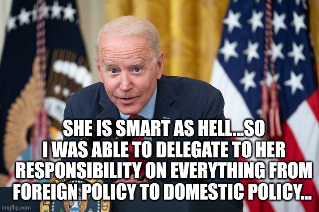 Biden Whisper | SHE IS SMART AS HELL...SO I WAS ABLE TO DELEGATE TO HER RESPONSIBILITY ON EVERYTHING FROM FOREIGN POLICY TO DOMESTIC POLICY... | image tagged in biden whisper | made w/ Imgflip meme maker